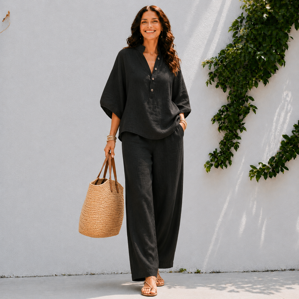 Conjunto de dos piezas para mujer - camisa abotonada y pantalón ancho casual