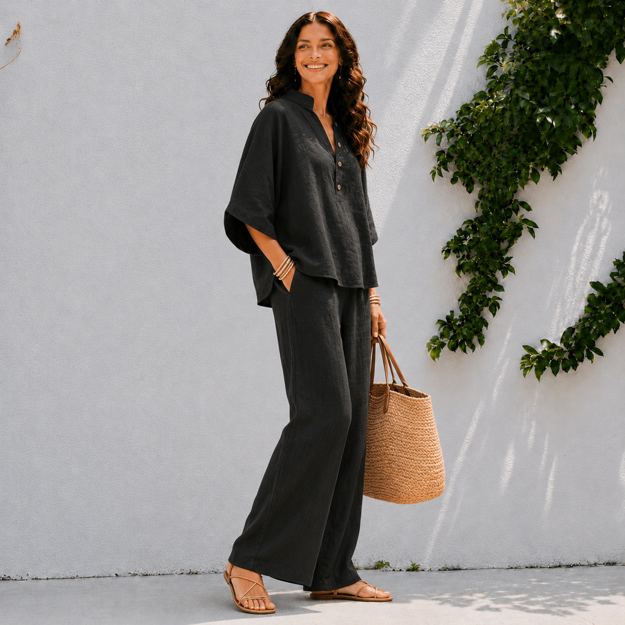 Conjunto de dos piezas para mujer - camisa abotonada y pantalón ancho casual