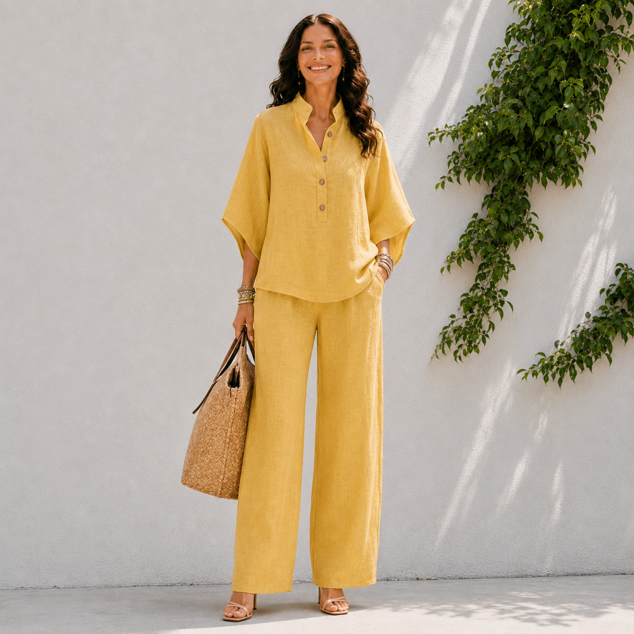 Conjunto de dos piezas para mujer - camisa abotonada y pantalón ancho casual