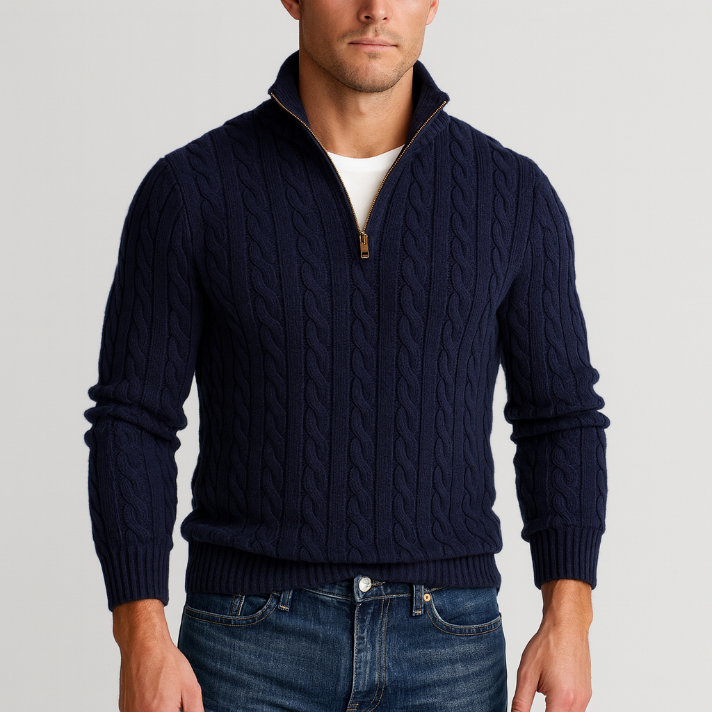 Jersey de Punto Trenzado para Hombre con Media Cremallera y Cuello Alto