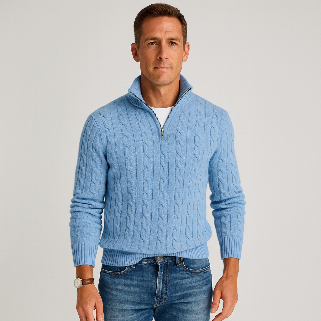 Jersey de Punto Trenzado para Hombre con Media Cremallera y Cuello Alto