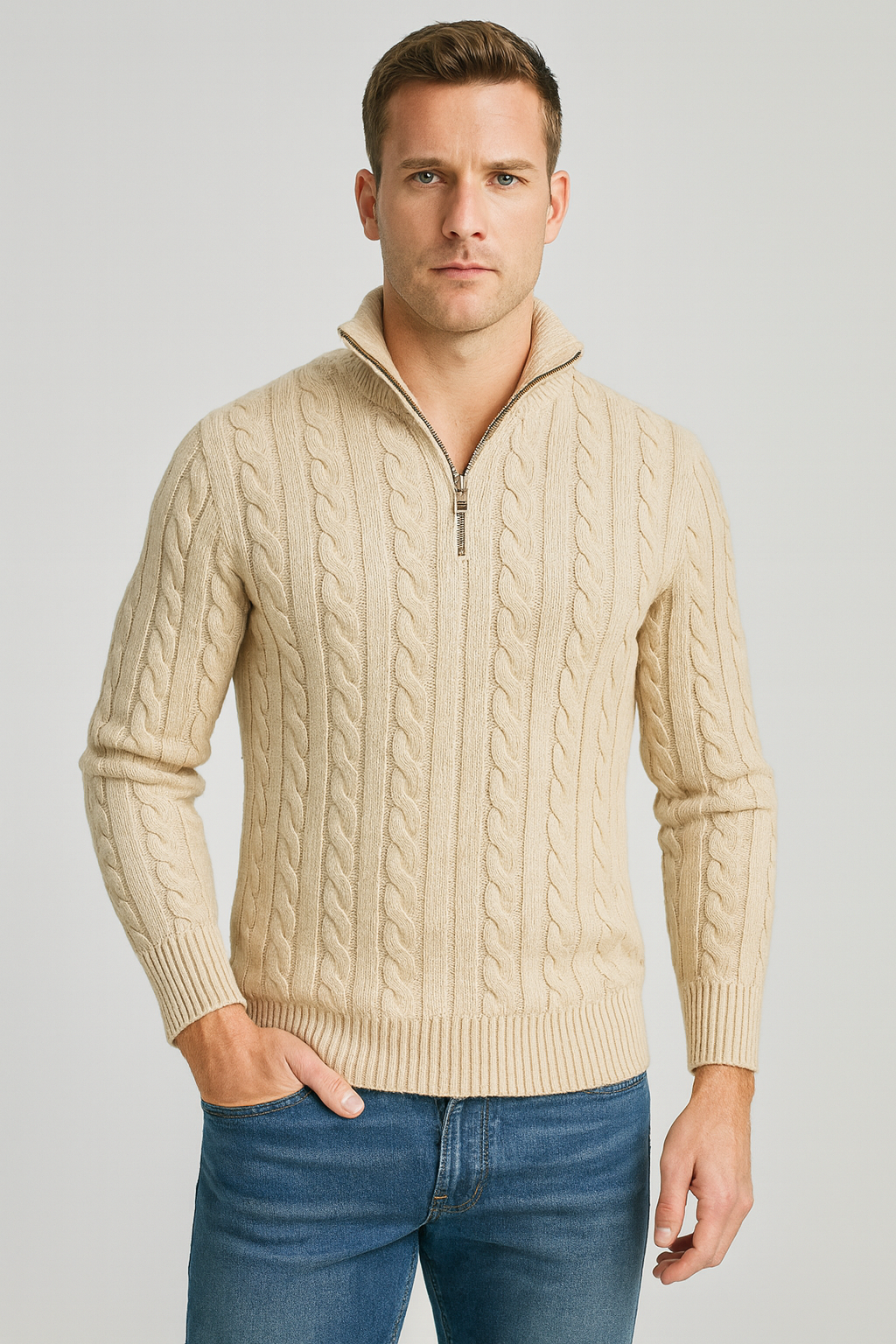 Jersey de Punto Trenzado para Hombre con Media Cremallera y Cuello Alto