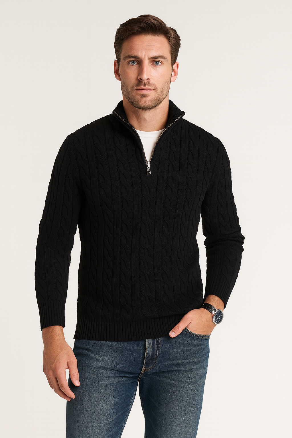 Jersey de Punto Trenzado para Hombre con Media Cremallera y Cuello Alto