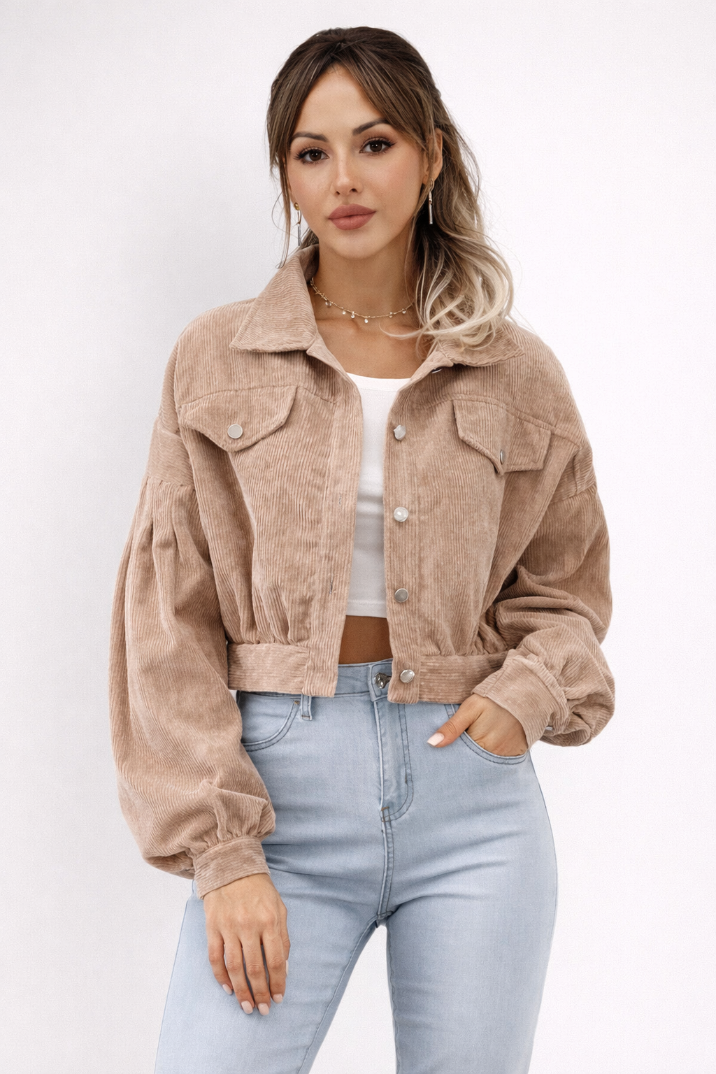 Chaqueta de Pana con Corte Cropped y Botones Frontales con Cuello Solapa para Mujer