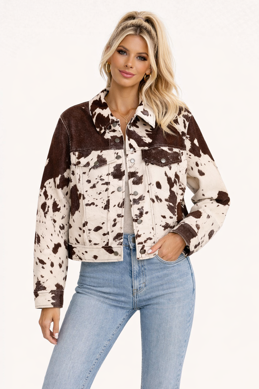 Chaqueta Corta con Estampado de Vaca y Cierre de Botones Frontales para Mujer