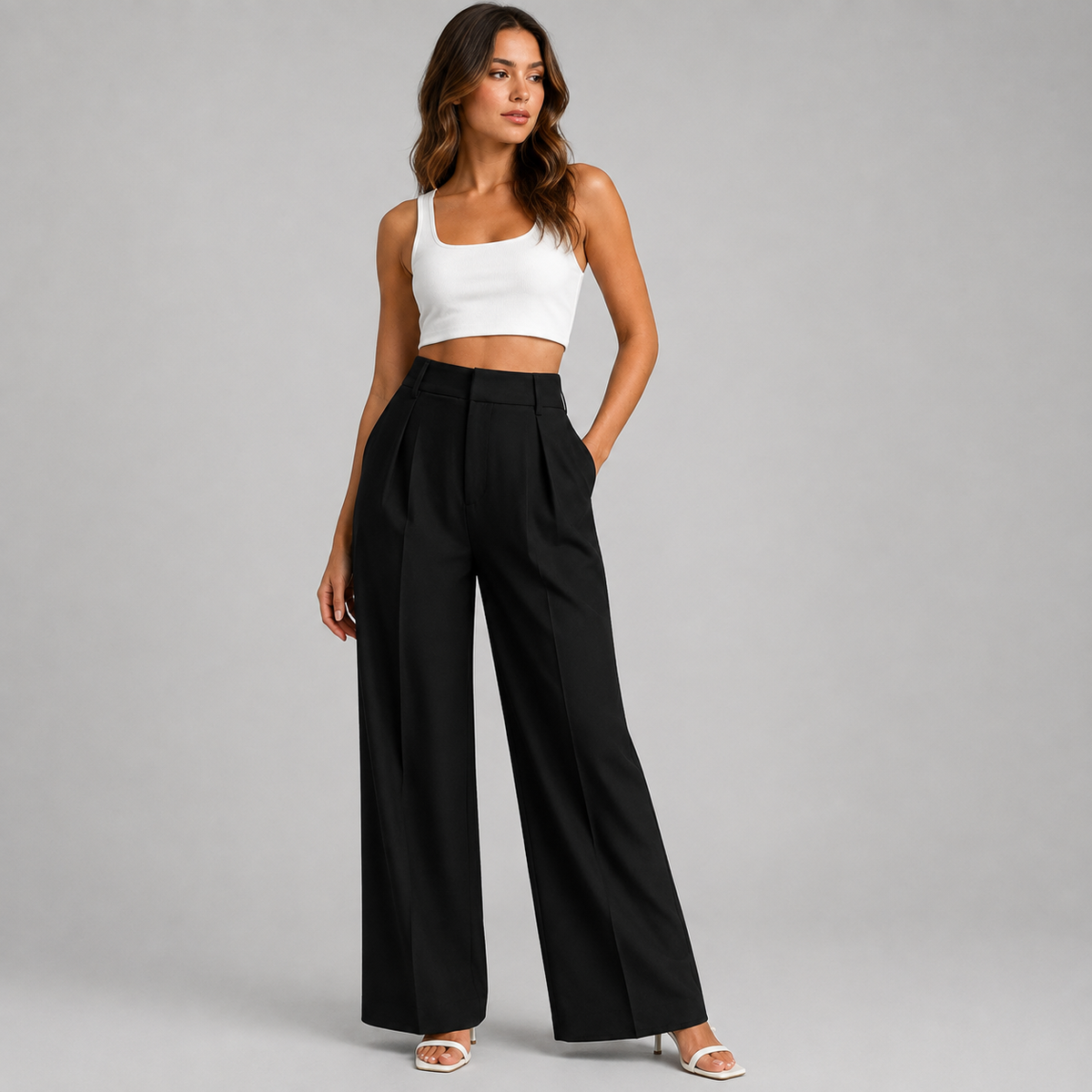 Pantalon habillé pour femme taille haute à pinces et jambes larges