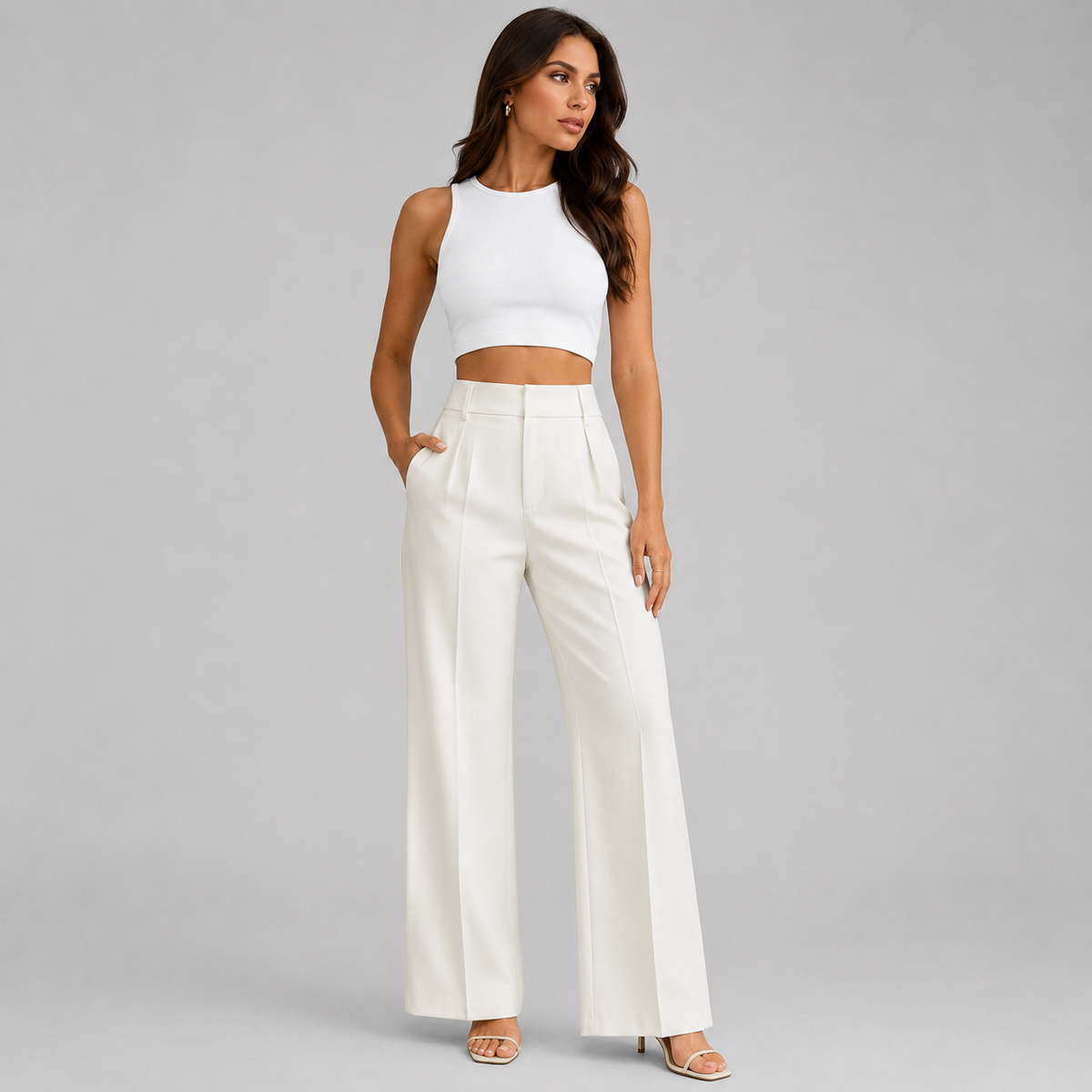 Pantalon habillé pour femme taille haute à pinces et jambes larges