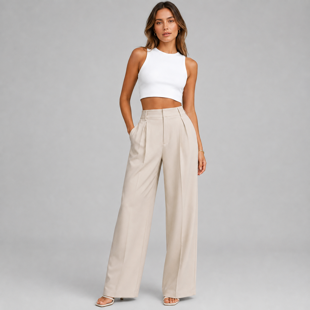 Pantalon habillé pour femme taille haute à pinces et jambes larges