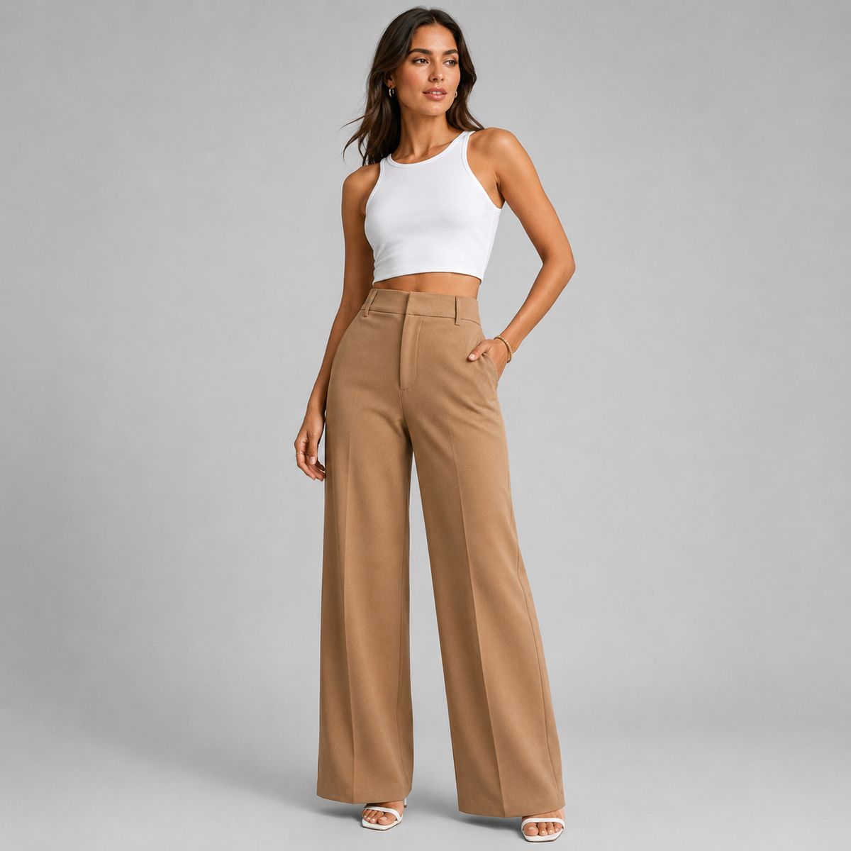 Pantalon habillé pour femme taille haute à pinces et jambes larges