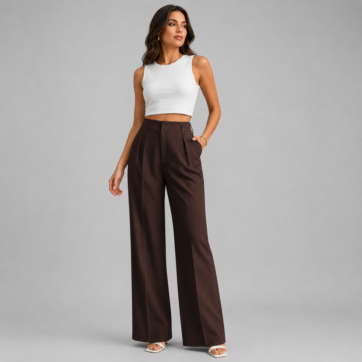 Pantalon habillé pour femme taille haute à pinces et jambes larges