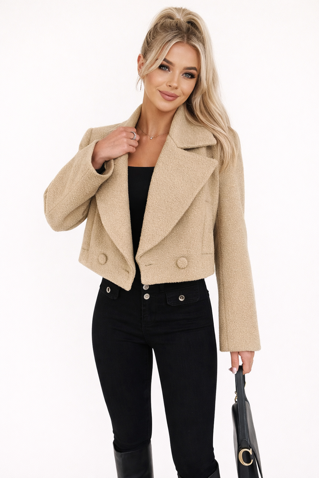 Chaqueta Corta de Bouclé con Solapas Anchas y Botones Decorativos para Mujer