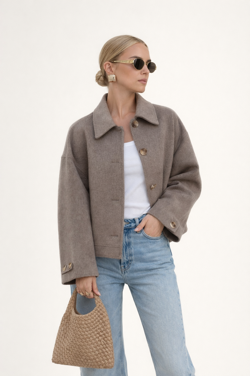 Chaqueta Corta de Mezcla de Lana con Cuello de Solapa y Mangas Oversize para Mujer