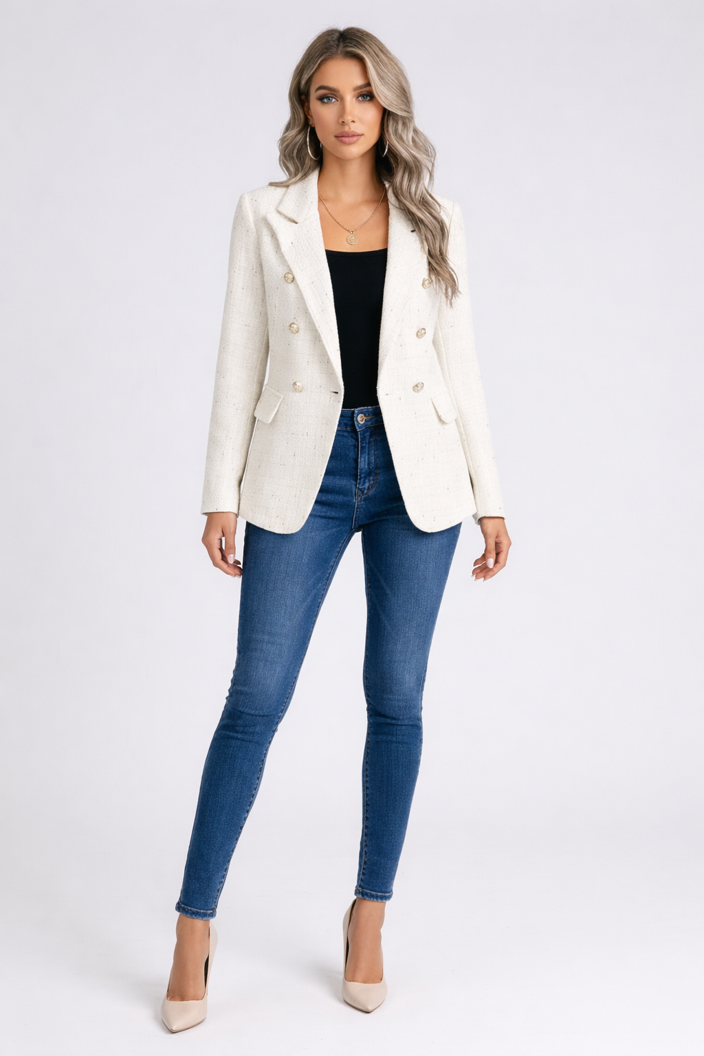 Blazer Entallado de Estilo Tweed con Doble Botonadura y Solapas para Mujer