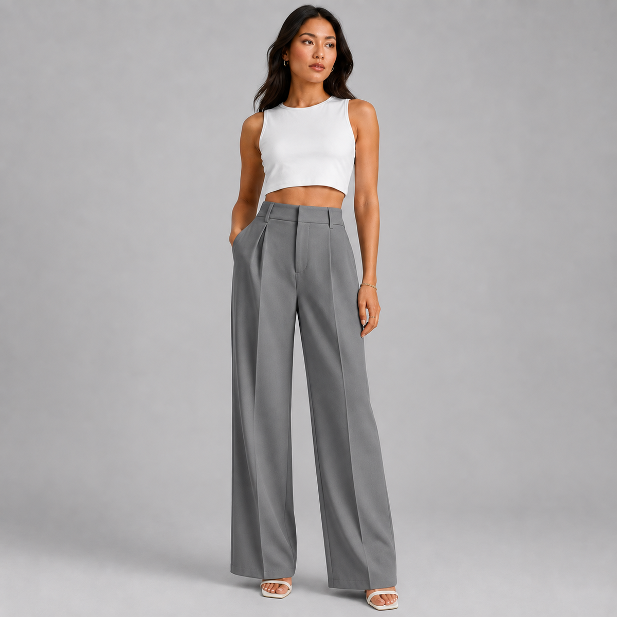 Pantalon habillé pour femme taille haute à pinces et jambes larges