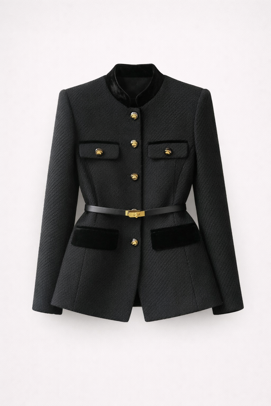 Chaqueta Tipo Blazer Estructurada con Cinturón y Botones Dorados para Mujer