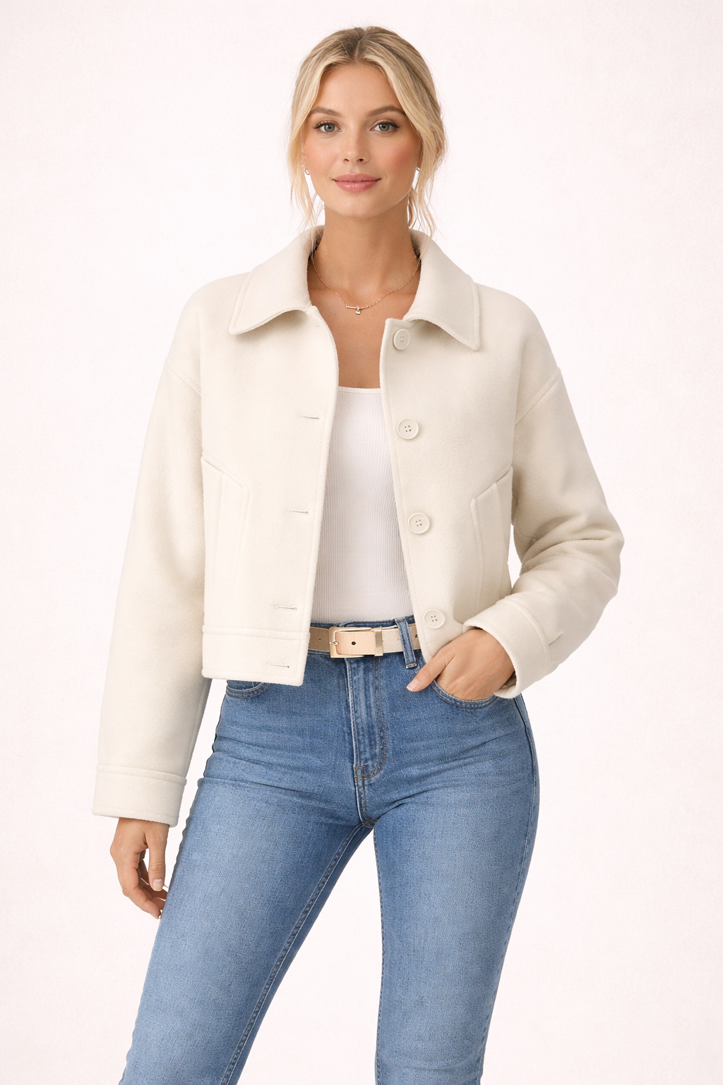 Chaqueta de Mezcla de Lana con Botones y Cuello Camisero para Mujer