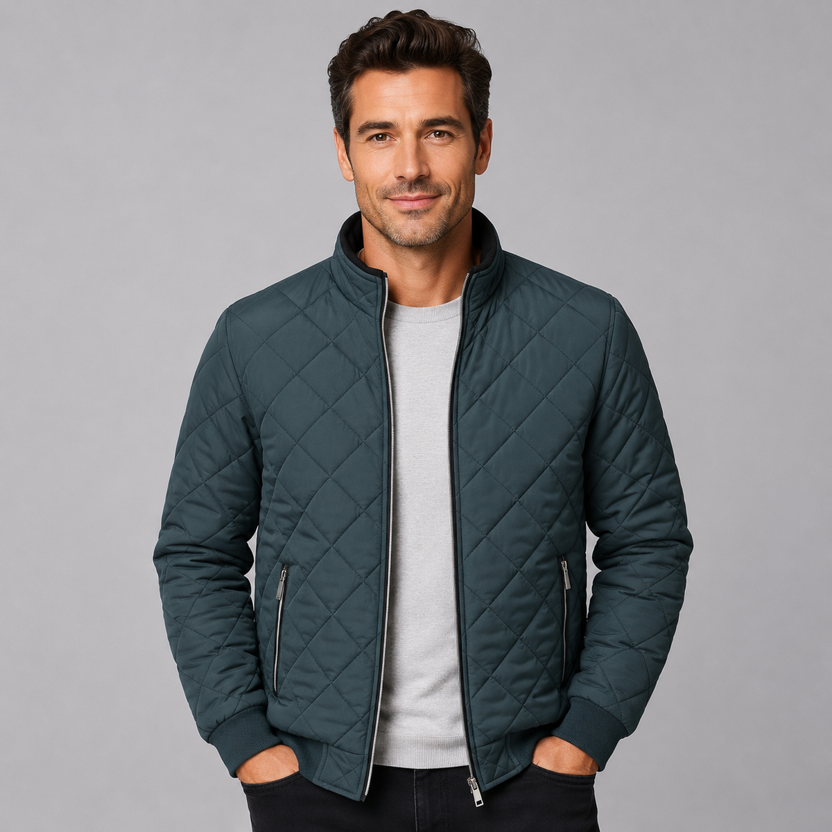 Veste matelassée en polyester pour homme avec col montant et fermeture à glissière