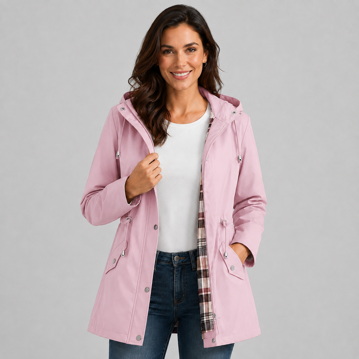 Coupe-vent léger pour femme avec capuche et cordon ajustable à la taille