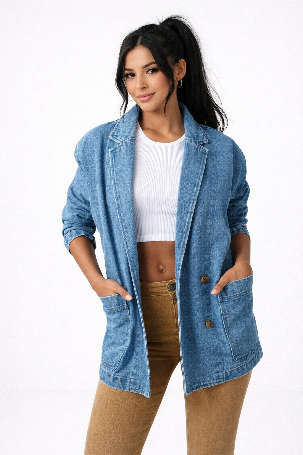 Blazer de Mezclilla con Cuello de Solapa y Botonadura para Mujer