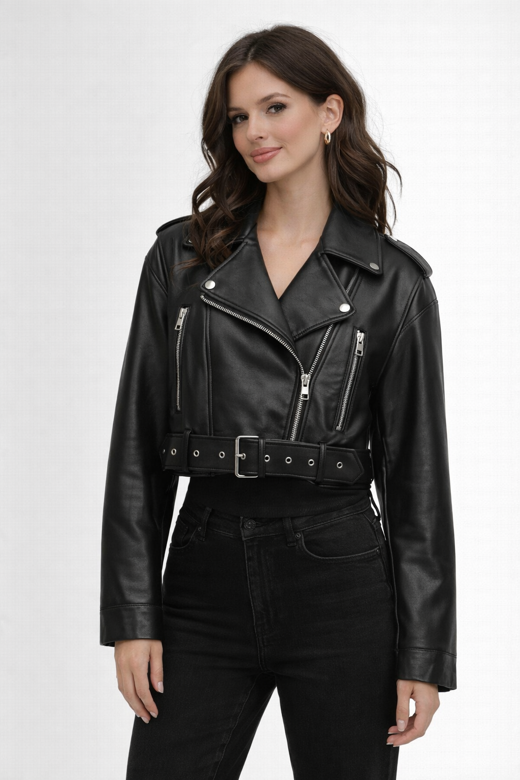 Chaqueta Biker Corta de Efecto Cuero con Cremallera Asimétrica y Cinturón para Mujer