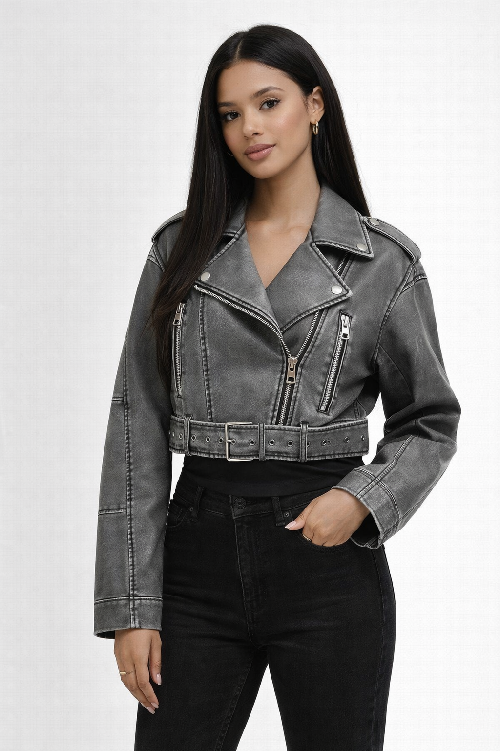 Chaqueta Biker Corta de Efecto Cuero Lavado con Cremallera Asimétrica para Mujer