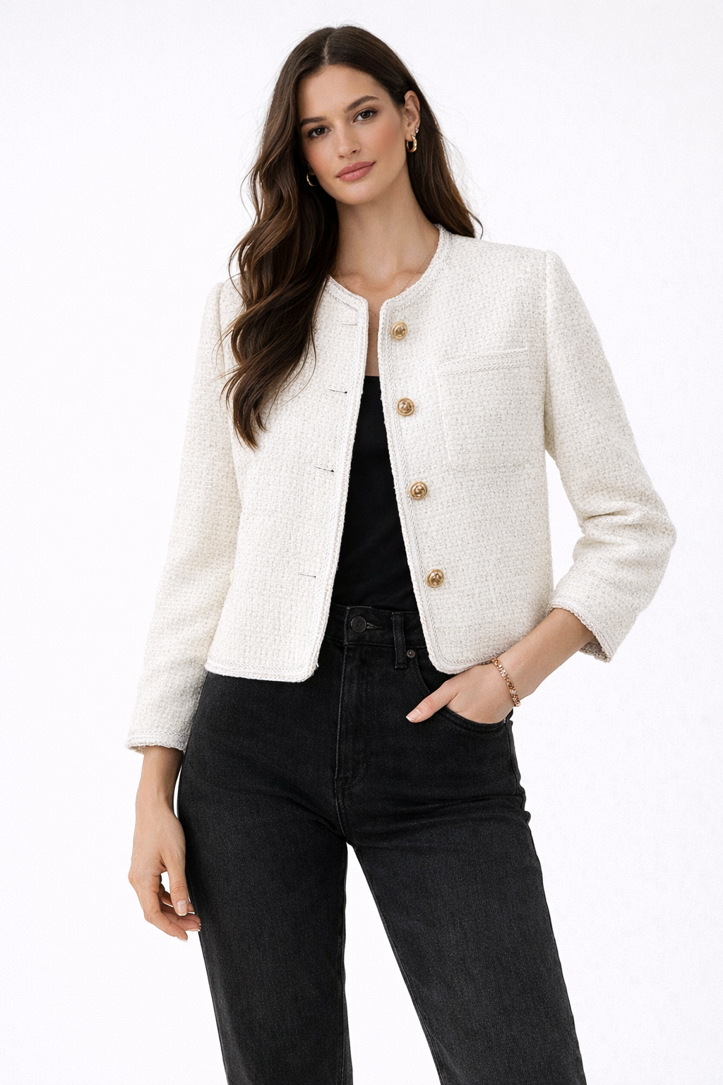 Chaqueta Corta de Estilo Tweed con Botones Decorativos y Cuello Redondo para Mujer