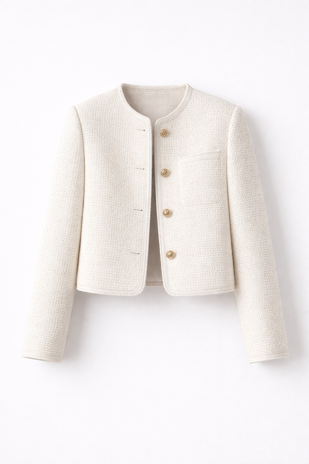 Chaqueta Corta de Estilo Tweed con Botones Decorativos y Cuello Redondo para Mujer