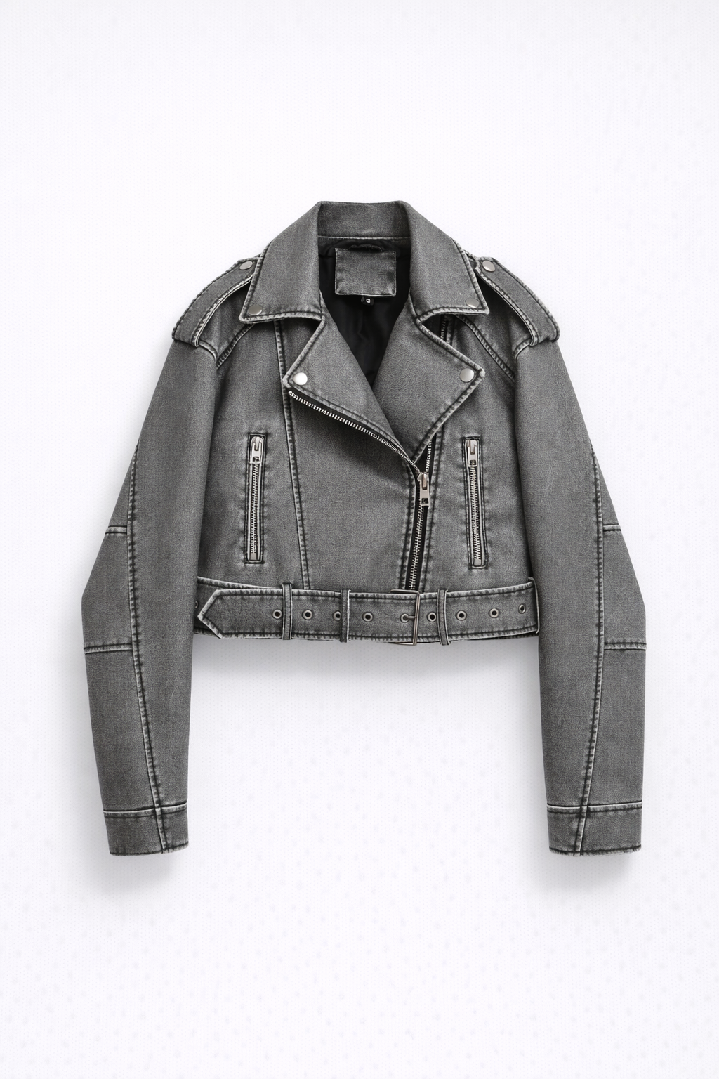 Chaqueta Biker Corta de Efecto Cuero Lavado con Cremallera Asimétrica para Mujer