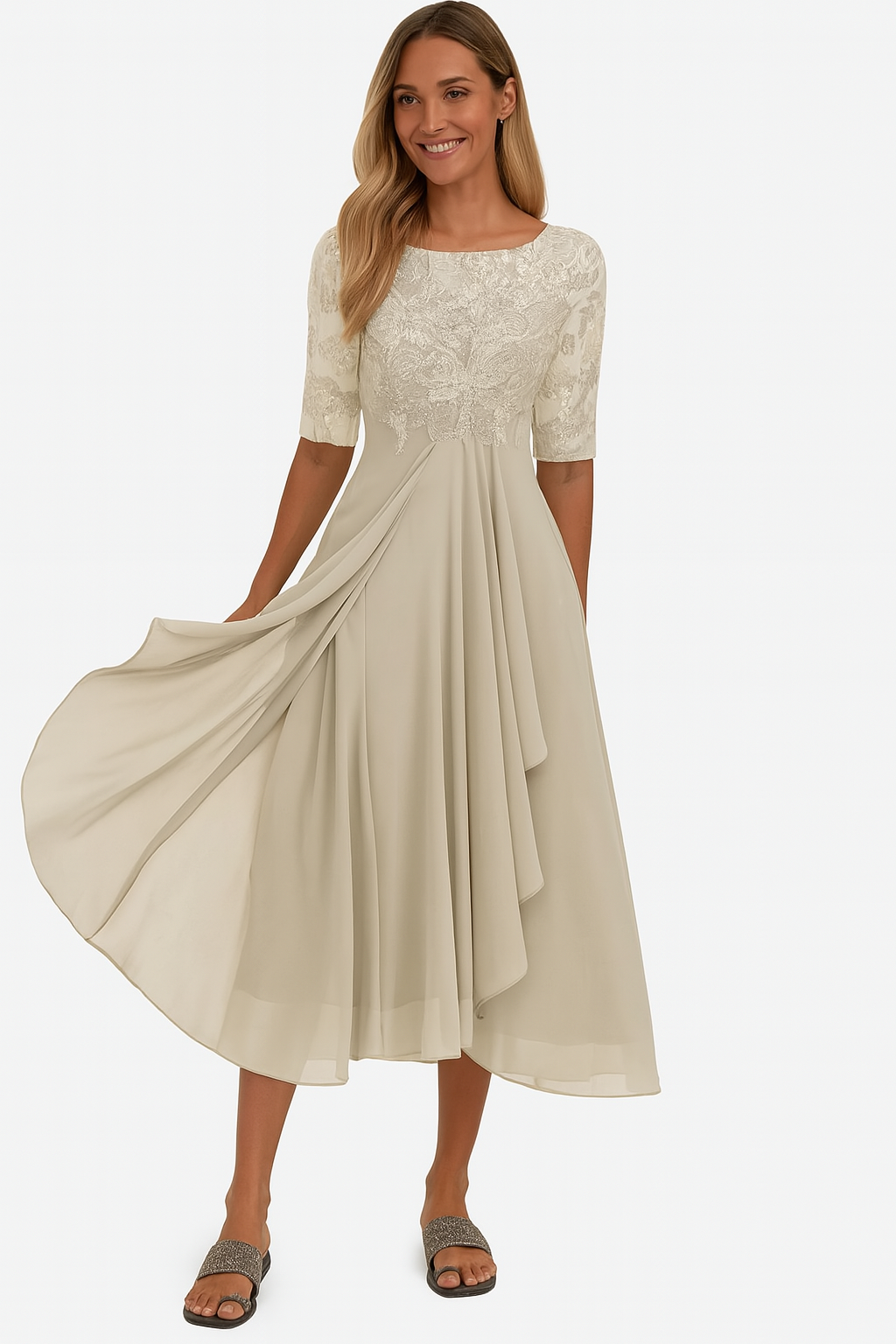 Vestido midi encaje y gasa | corte en línea a | mangas cortas | para eventos