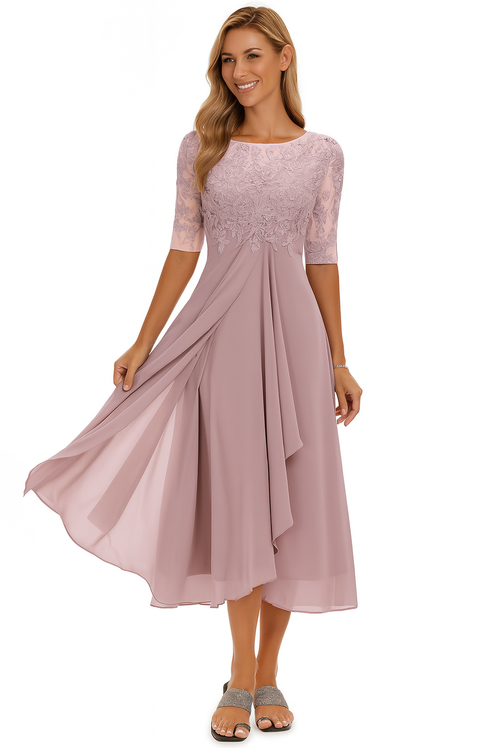 Vestido midi encaje y gasa | corte en línea a | mangas cortas | para eventos