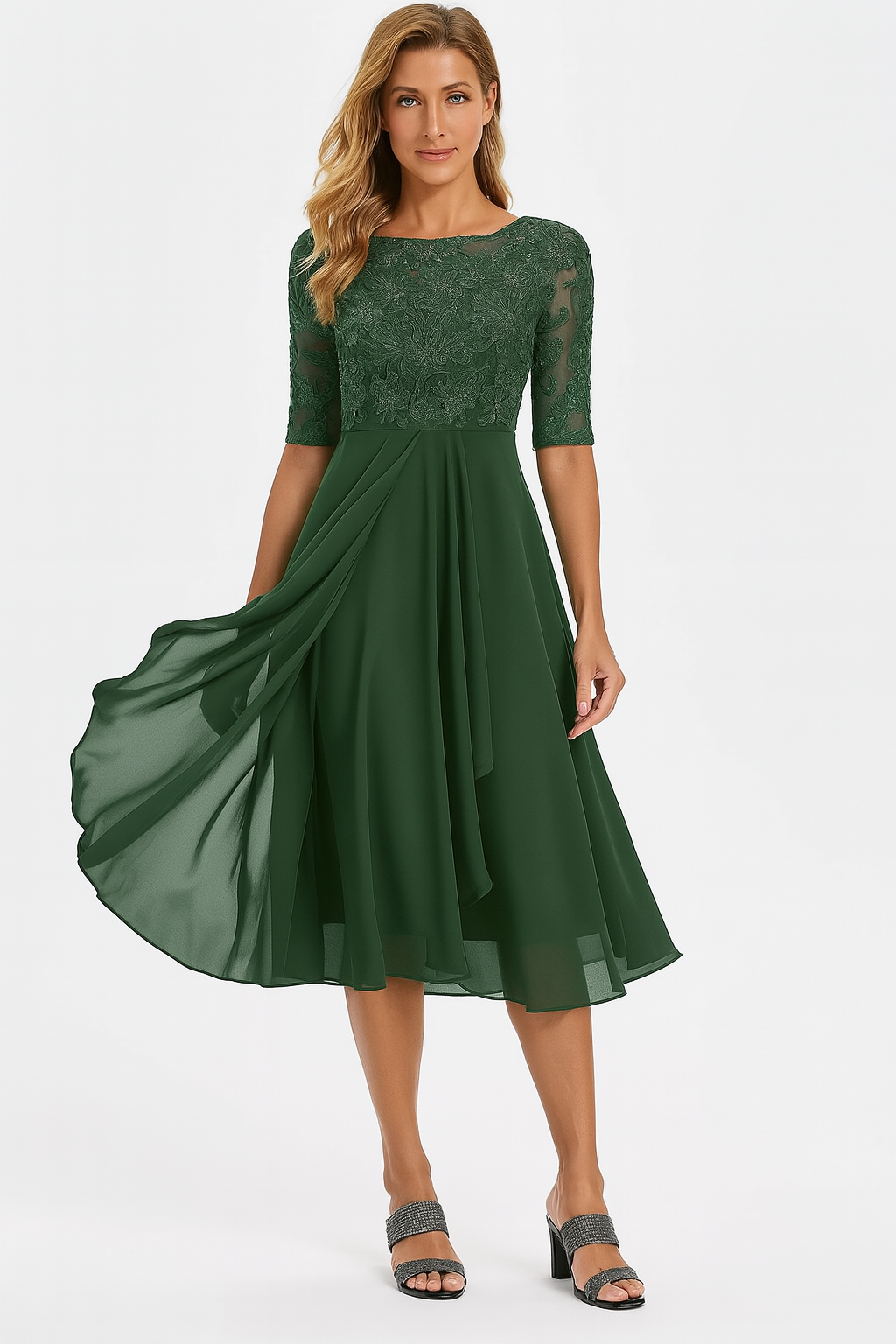 Vestido midi encaje y gasa | corte en línea a | mangas cortas | para eventos