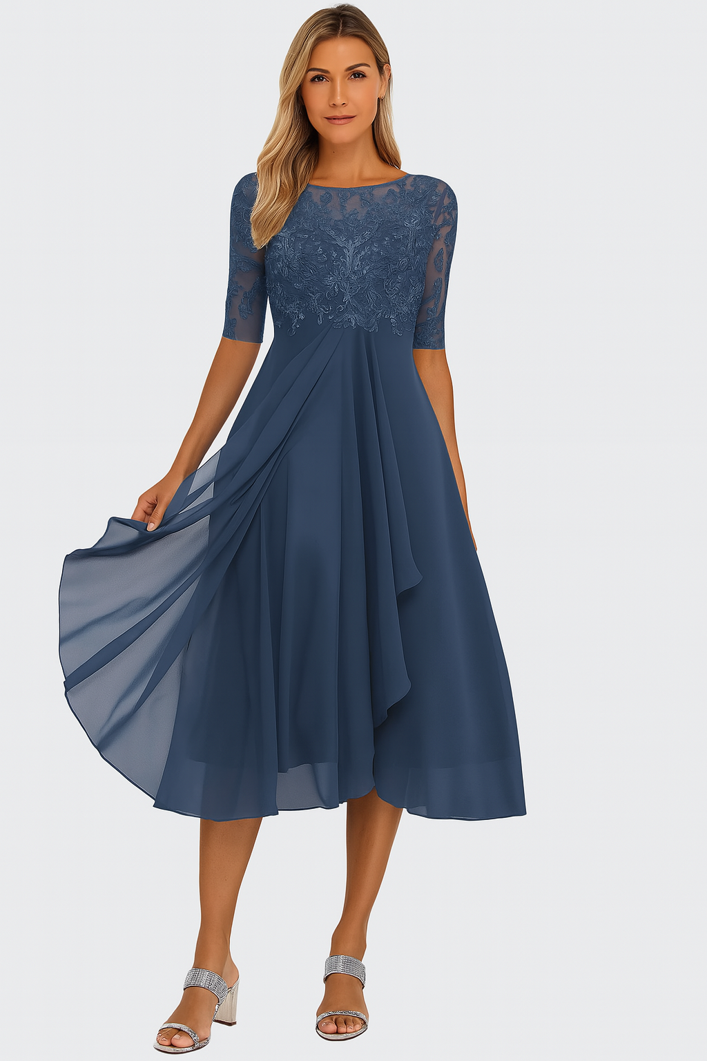 Vestido midi encaje y gasa | corte en línea a | mangas cortas | para eventos
