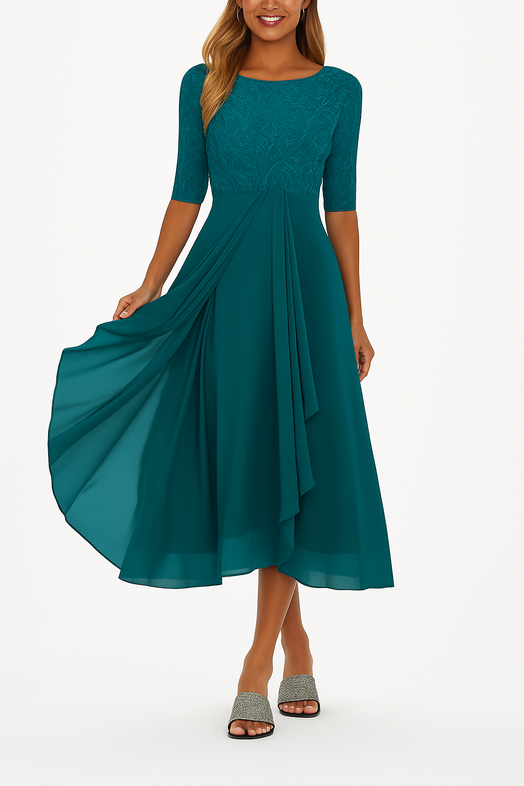 Vestido midi encaje y gasa | corte en línea a | mangas cortas | para eventos