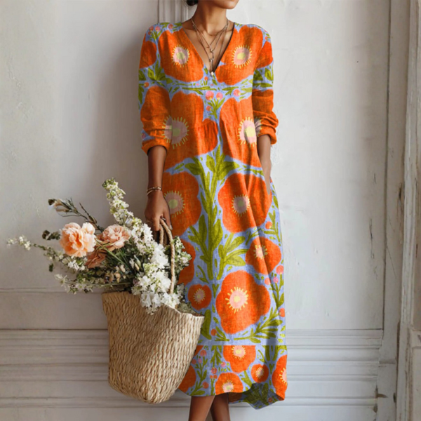 Vestido Midi de Lino para Mujer con Estampado de Flores Estilo Retro