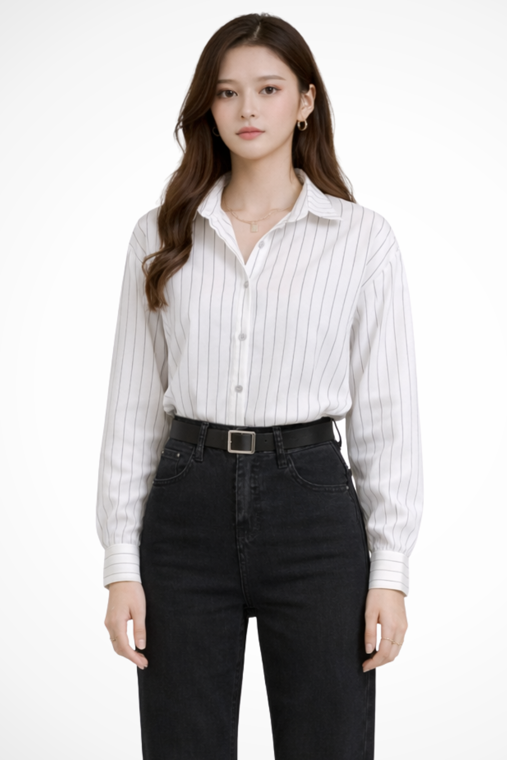 Camisa de Rayas para Mujer Manga Larga con Cuello de Solapa y Botones