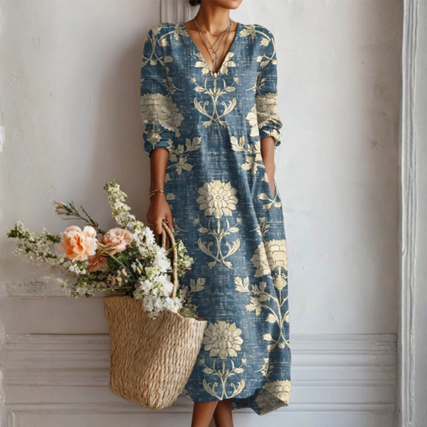 Vestido de Lino para Mujer con Estampado Abstracto y Corte Holgado con Bolsillos