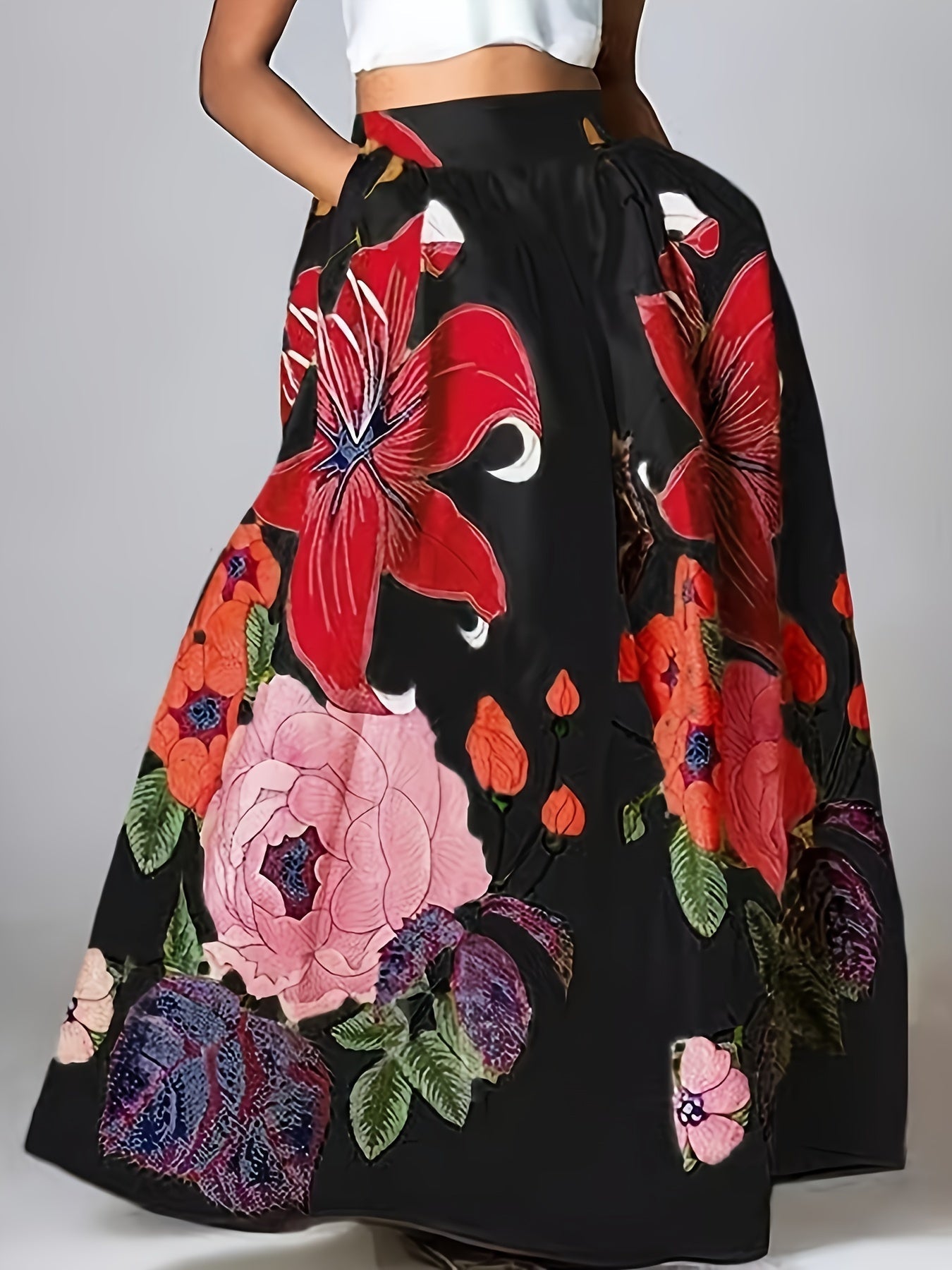 Falda maxi mujer algodón mezcla estampado flores cintura alta