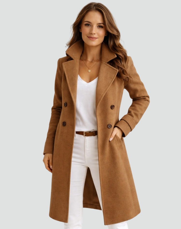 Gabardina Midi de Mujer con Doble Botonadura Corte Entallado y Cuello Clásico