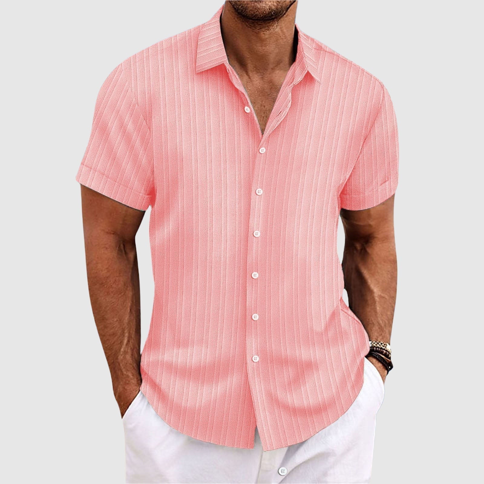 Camisa de Manga Corta para Hombre a Rayas Verticales con Cuello Clásico y Botones
