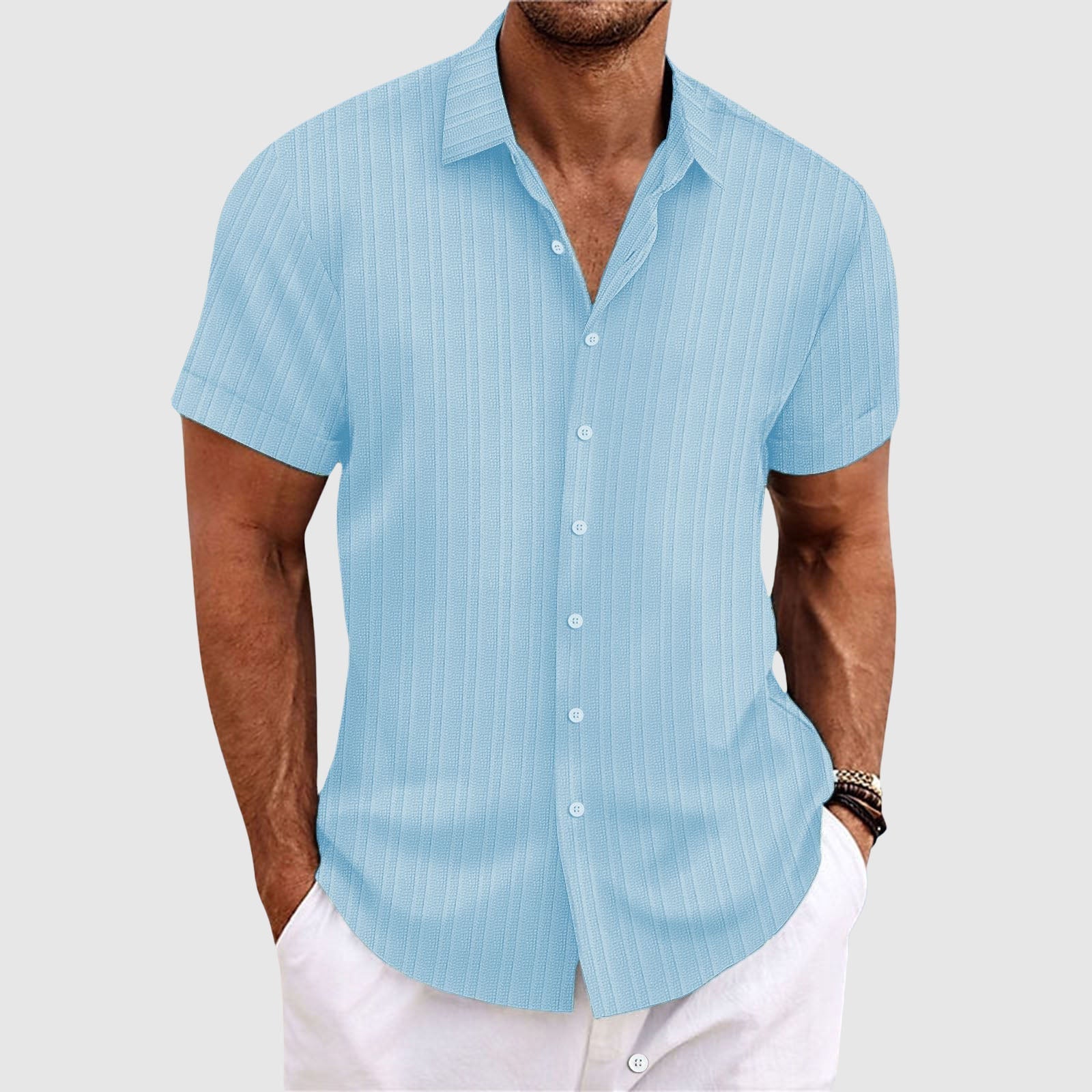 Camisa de Manga Corta para Hombre a Rayas Verticales con Cuello Clásico y Botones