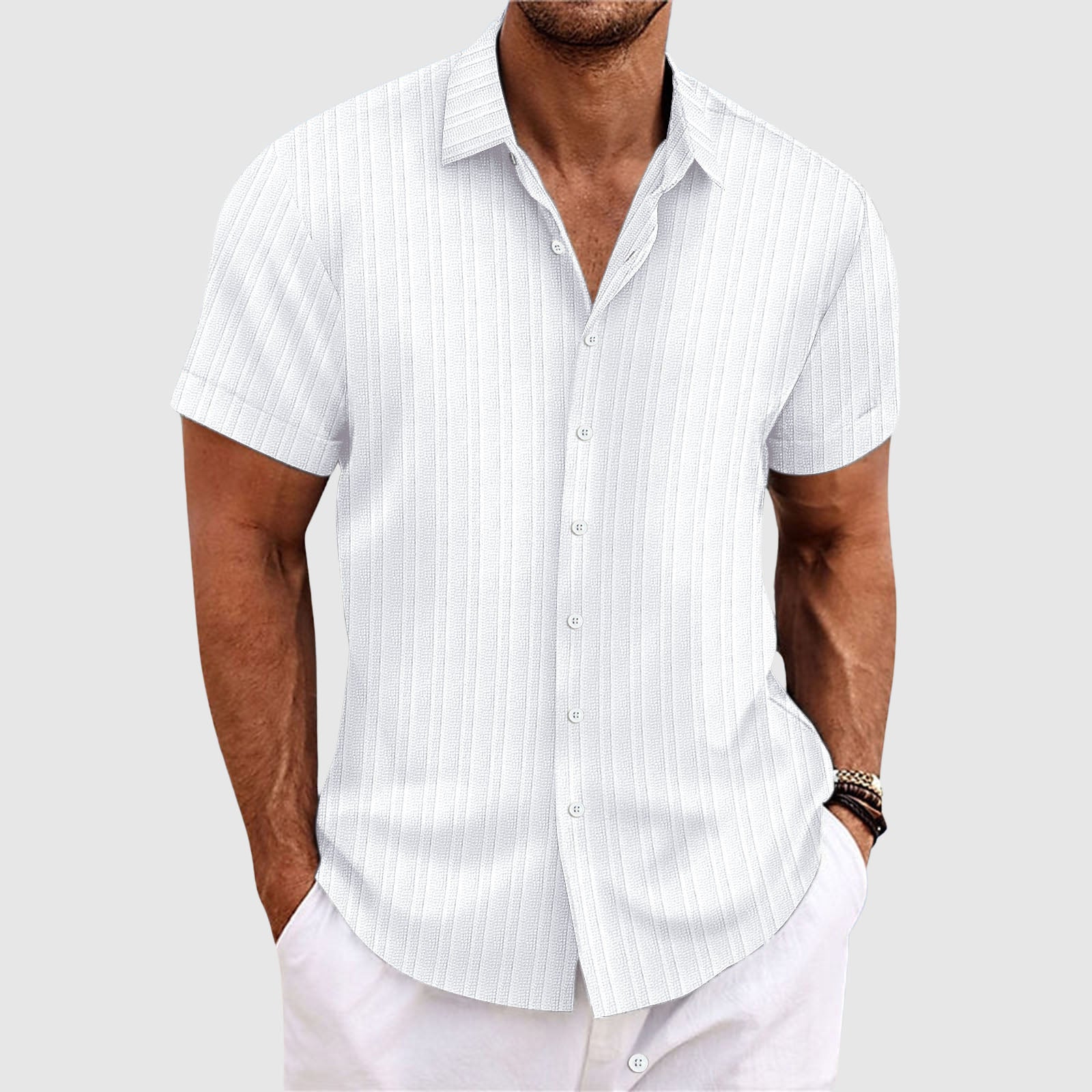 Camisa de Manga Corta para Hombre a Rayas Verticales con Cuello Clásico y Botones
