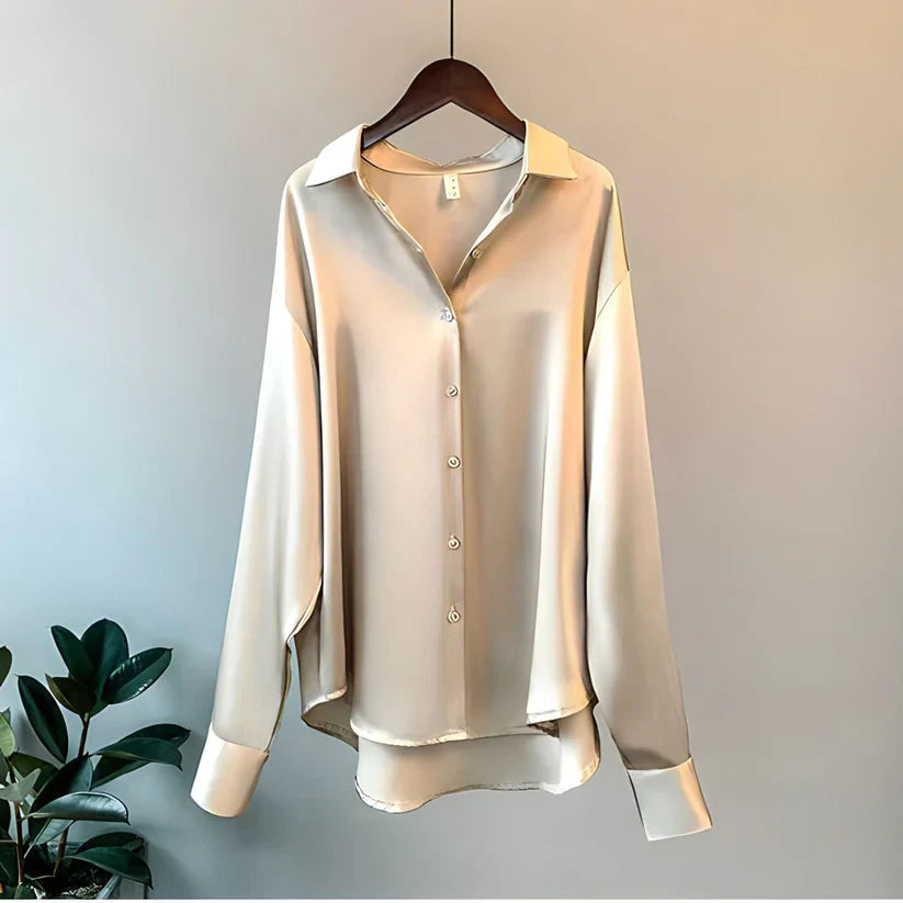 Blusa de Satén para Mujer de Manga Larga con Cuello de Solapa y Botones Frontales