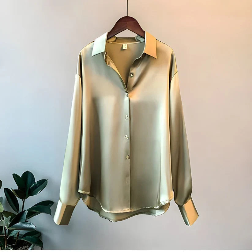 Blusa de Satén para Mujer de Manga Larga con Cuello de Solapa y Botones Frontales