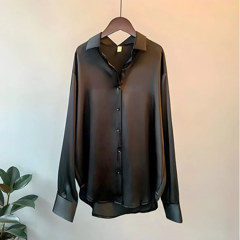 Blusa de Satén para Mujer de Manga Larga con Cuello de Solapa y Botones Frontales