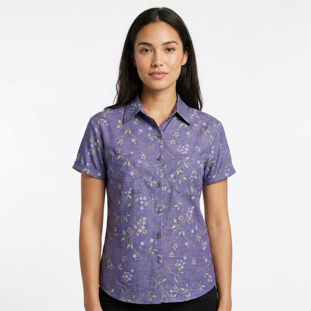 Camisa de Mujer de Manga Corta con Estampado Botánico y Doble Bolsillo Frontal