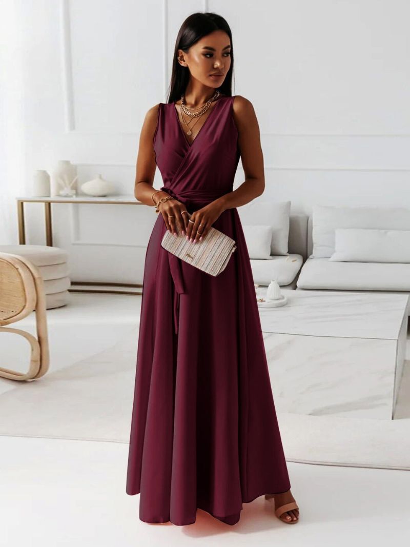 Vestido de Invitada de Boda con Escote en V y Falda Maxi Fluida para Mujer
