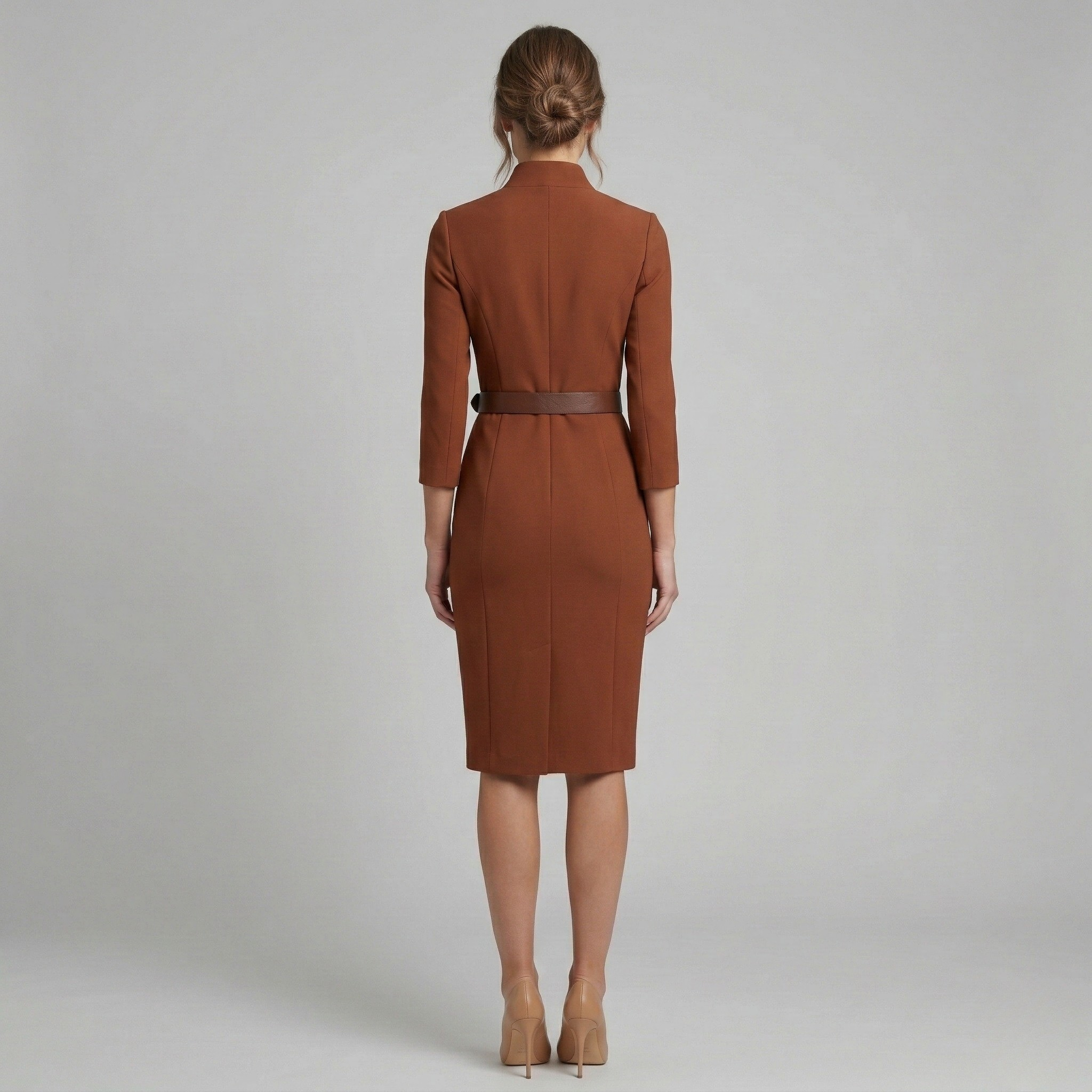 Vestido Midi de Corte Etui con Cuello Alto y Mangas 3/4 con Cinturón para Mujer