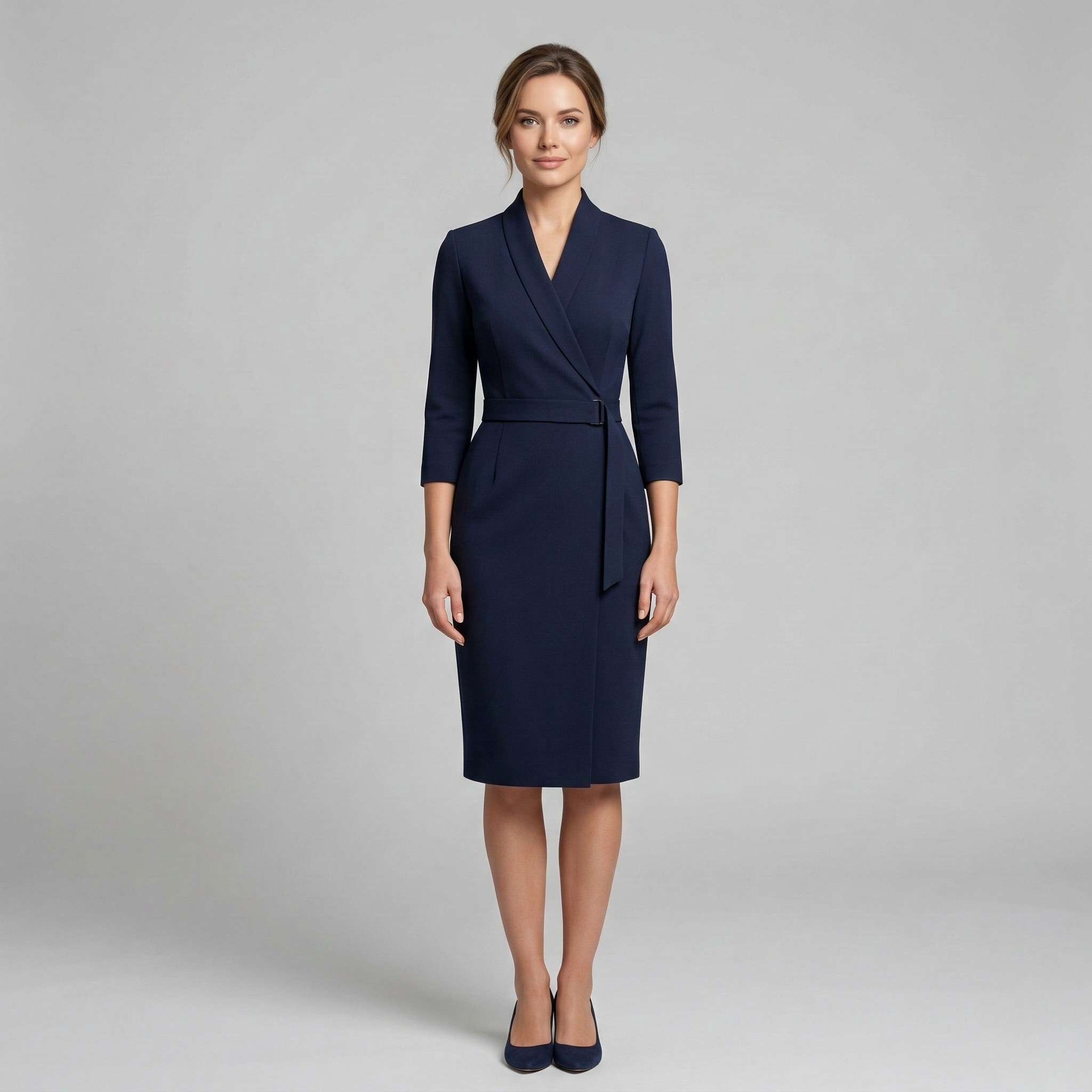 Vestido Midi de Corte Etui con Cuello Alto y Mangas 3/4 con Cinturón para Mujer