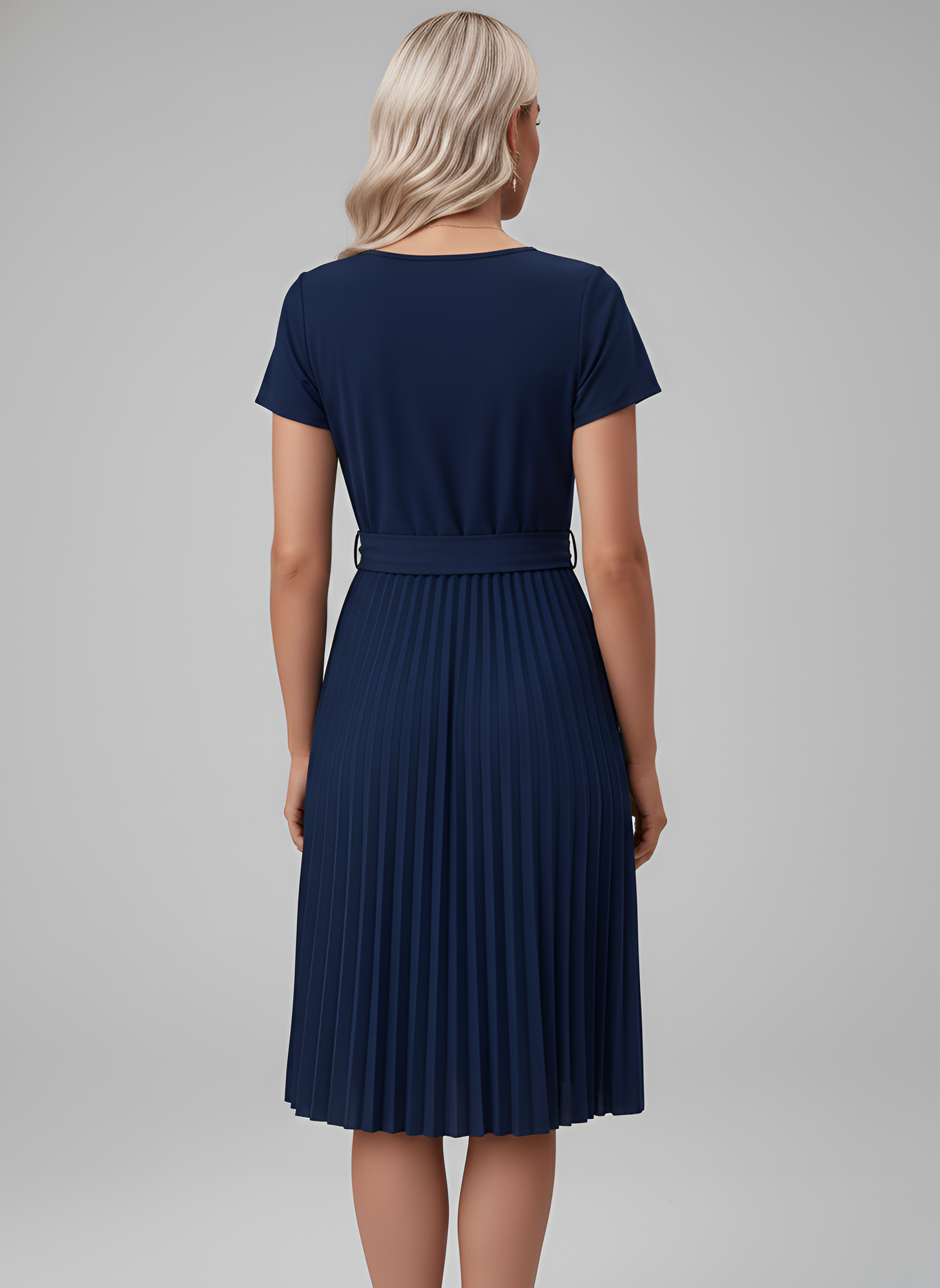Vestido Midi de Gasa para Mujer con Cinturón y Falda Plisada de Manga Corta