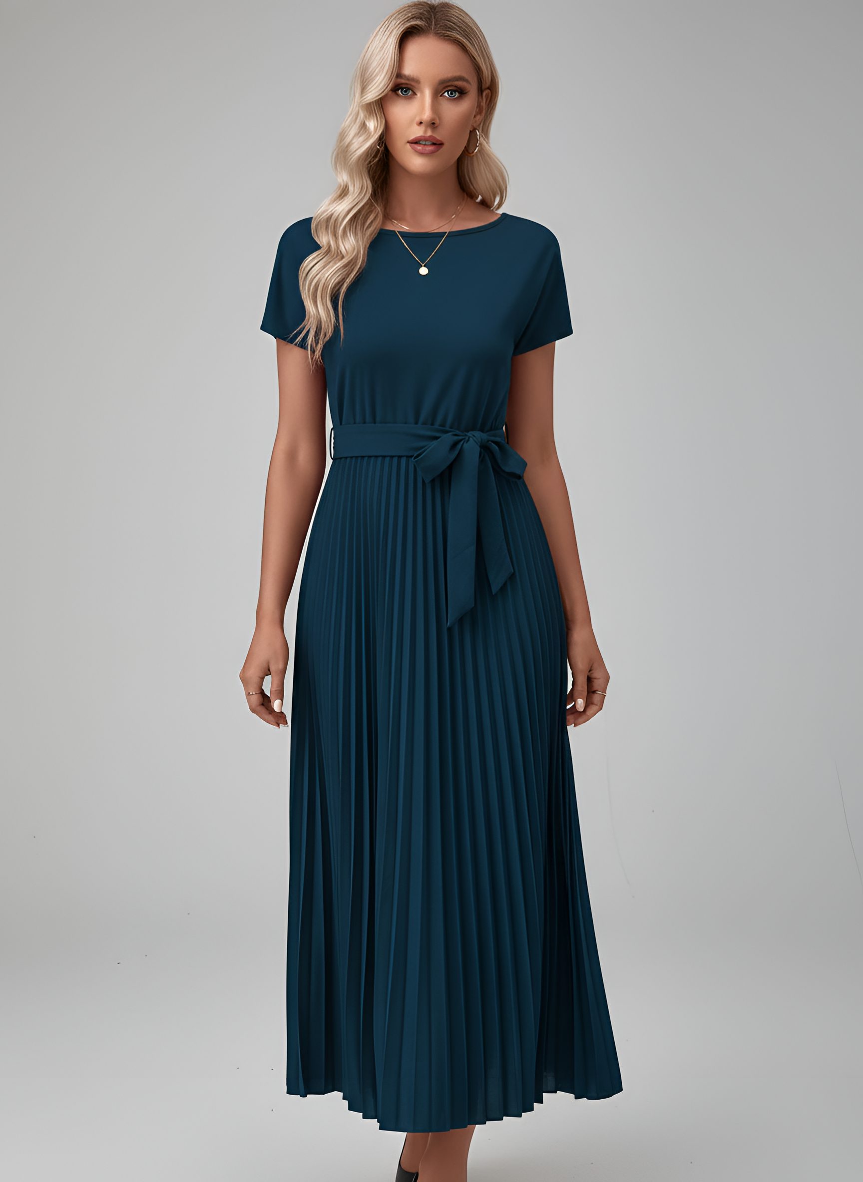 Vestido Midi de Gasa para Mujer con Cinturón y Falda Plisada de Manga Corta